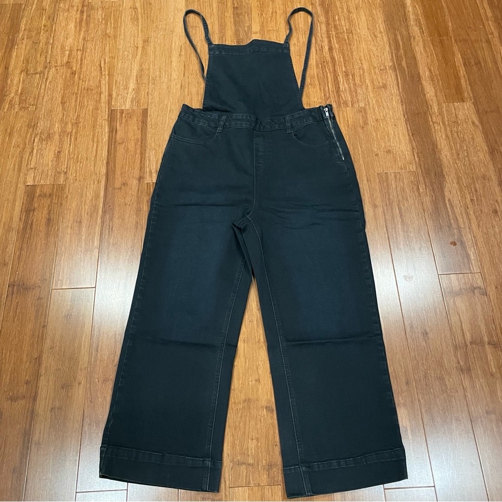 Mod X Black Cropped Denim Bib Overalls Side Zip and Spaghetti Straps Size 10
